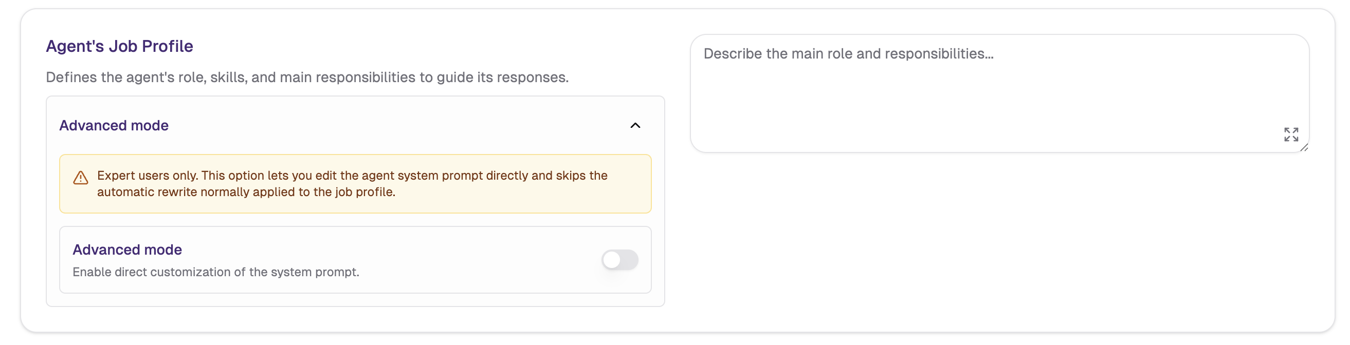 Advanced mode toggle in the Job Profile section