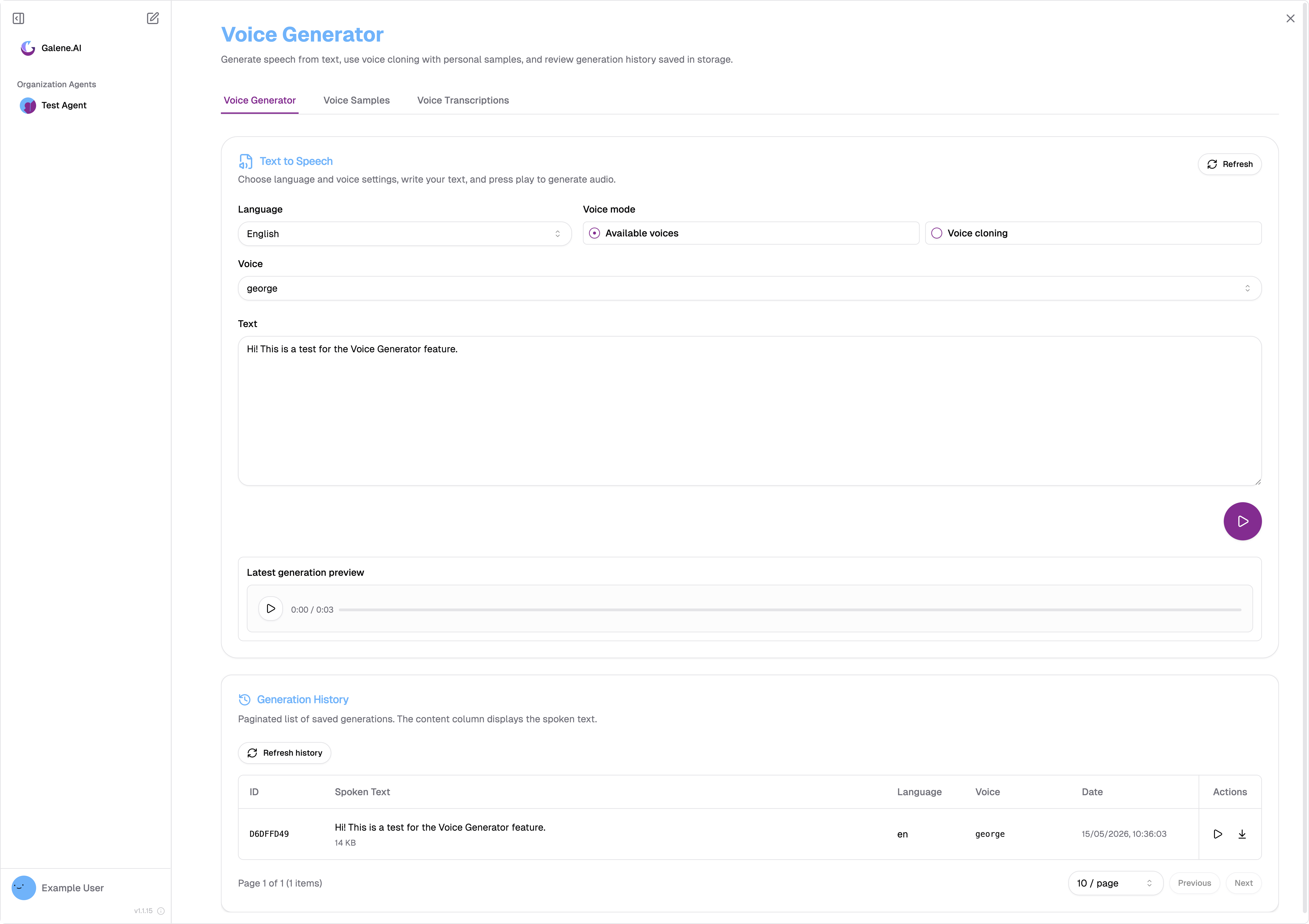 The Voice Generator tab, showing a completed generation