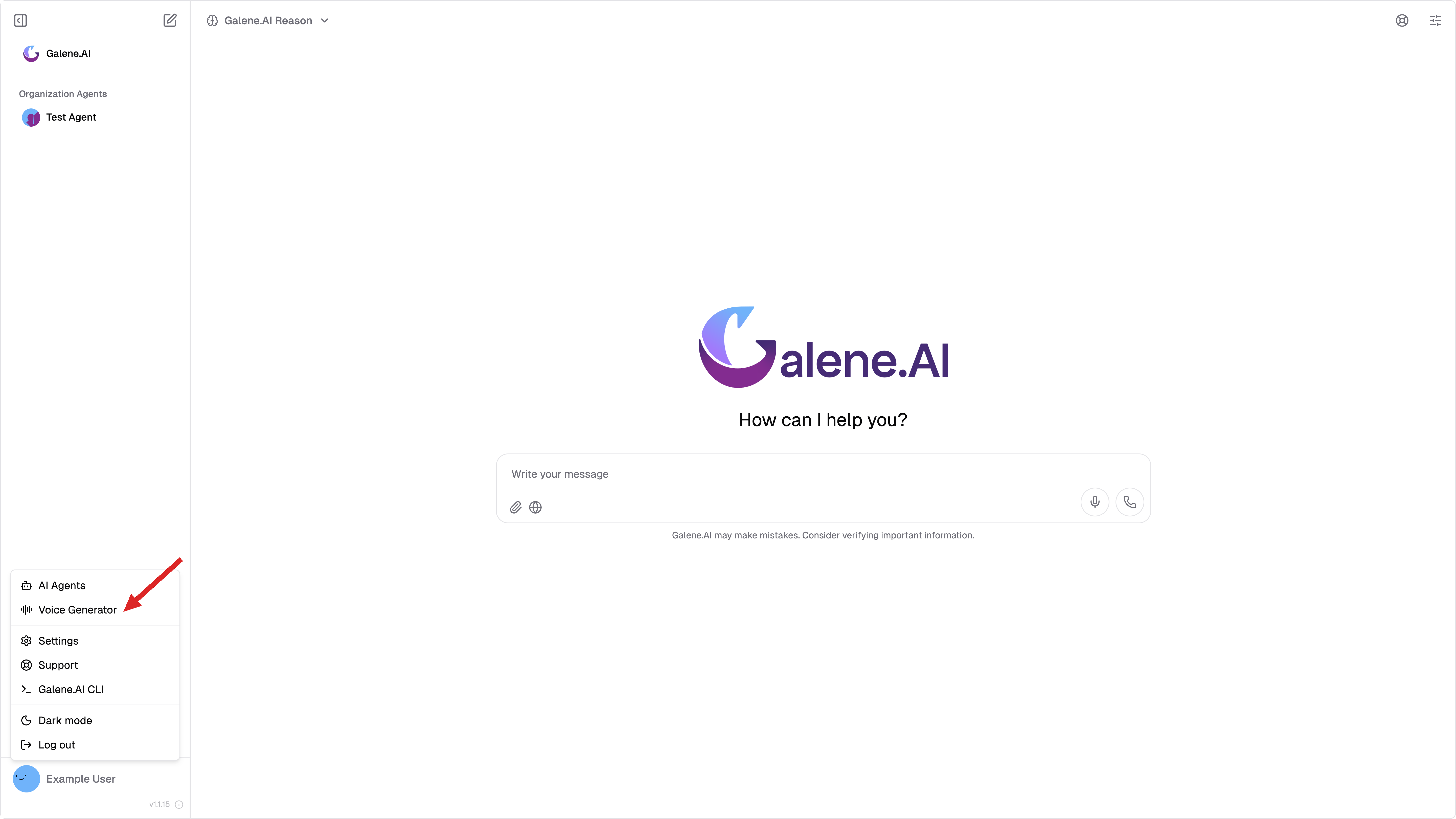 Voice Generator link in the user menu