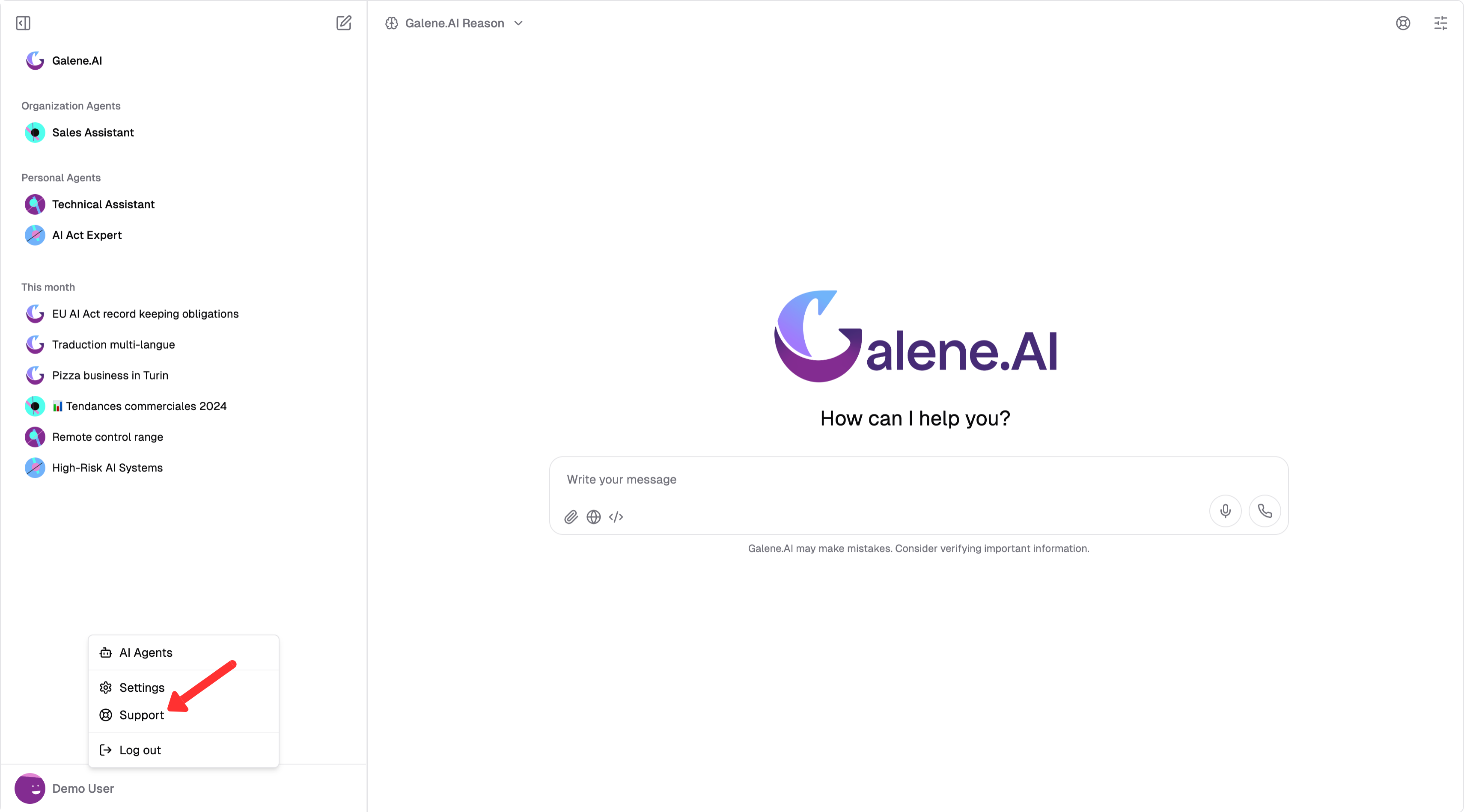 User menu showing support option