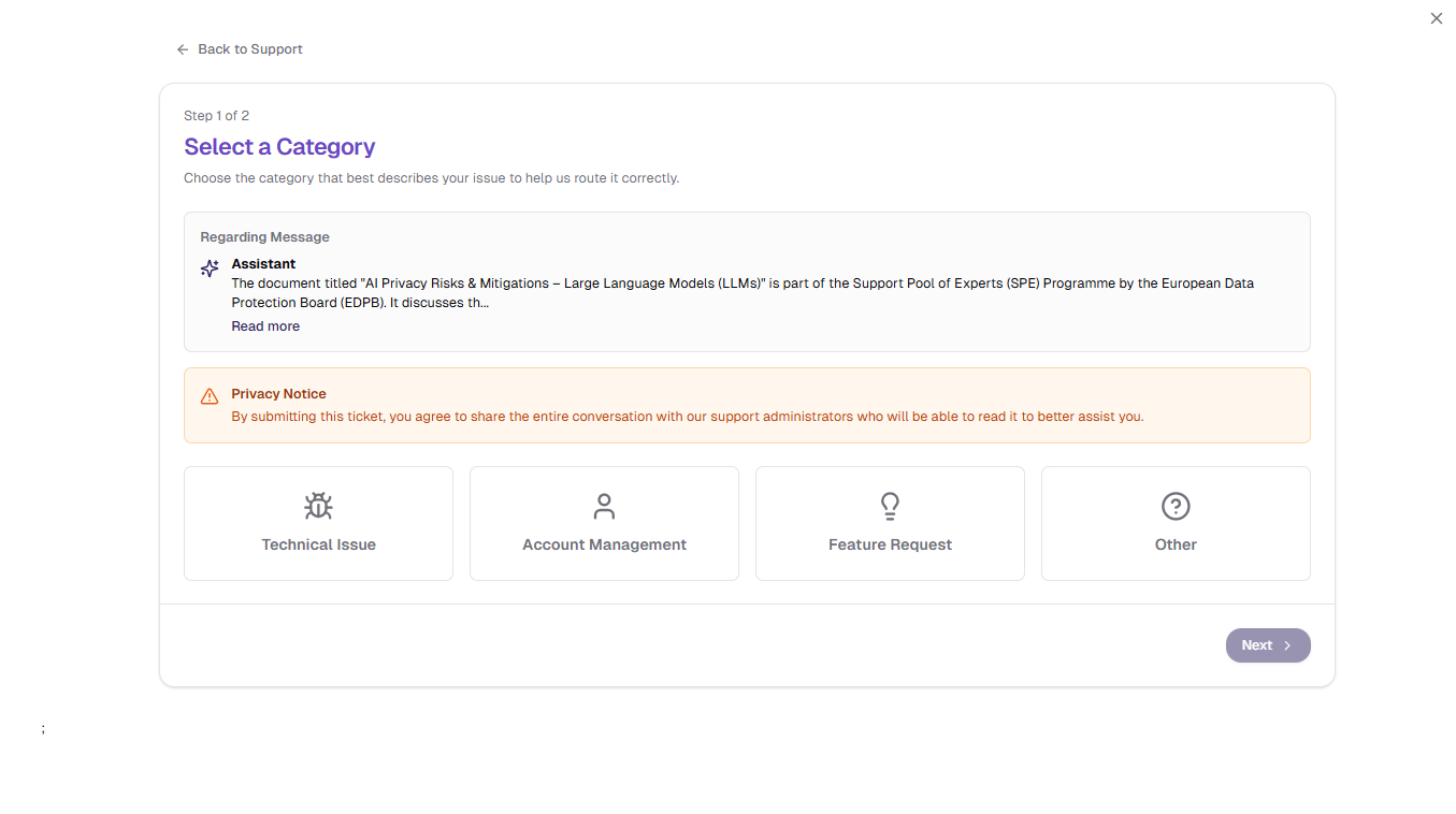 Support category selection